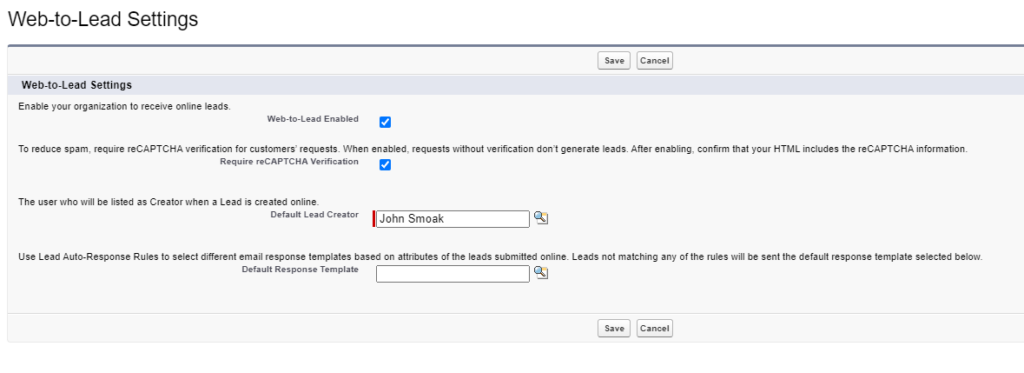 web to lead settings