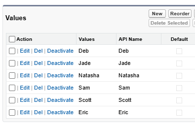 custom picklist values in salesforce with no default